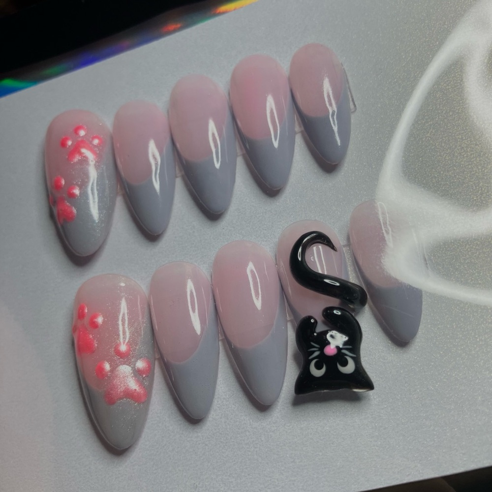 Handcrafted Pink & Lavender With Black Cat Hipper Nail Set - Women Accessories